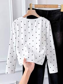 SHEIN Tween Girls Polka Dot Print Long Sleeve Round Neck T-Shirt - Black and White - View 2