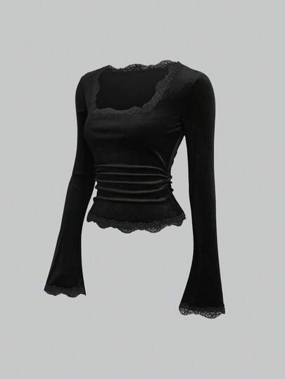 Sweetra Vintage French Style Fitted Flare Sleeve Lace Collar Versatile Women T-Shirt