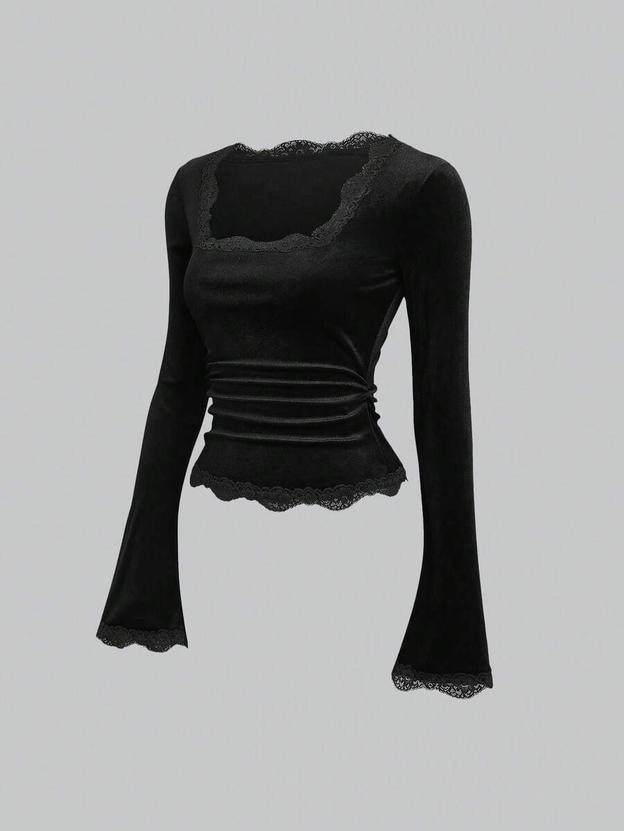 Sweetra 复古法式修身喇叭袖蕾丝领百搭女式T恤 - 黑色 - 查看 1
