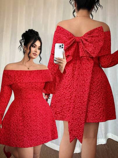 Elenzga Plus Size Women's Christmas Red Jacquard Off Shoulder Backless Bow Long Sleeve Short Dress, Party