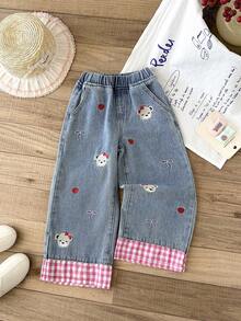 LMoss Kids 女童可爱小熊刺绣蝴蝶点缀蓝色牛仔布和红白格子下摆宽松裤 - 淺色水洗藍 - 查看 3