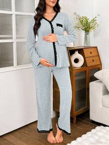 Moonlight&Mama 2pcs Maternity Lace Patchwork Casual Sleepwear Set, Long Sleeve Cardigan And Pants