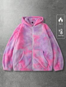 ROMWE MEN Street Life Men's Casual Fashion Street Tie-Dye Zip-Up Hooded Warm Fleece Jacket, Autumn/Winter - Pink - View 3