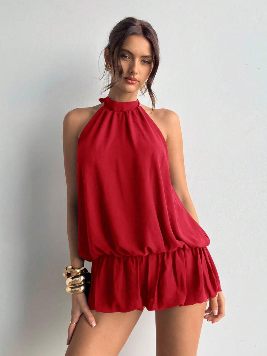 Aloruh Váy hở lưng phối bèo nhún thời trang màu trơn cho nữ - Đỏ - Xem 1