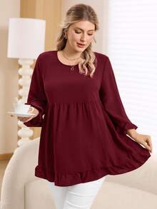 Rosumi 大码女式休闲圆领宽松纯色衬衫，秋季 - 酒紅色 - 查看 5