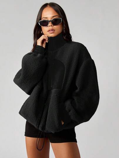 MISSGUIDED Oversized Borg Fleece Drawstring Jacket With High Nylon Collar And Zip Front Closure For Fall Winter