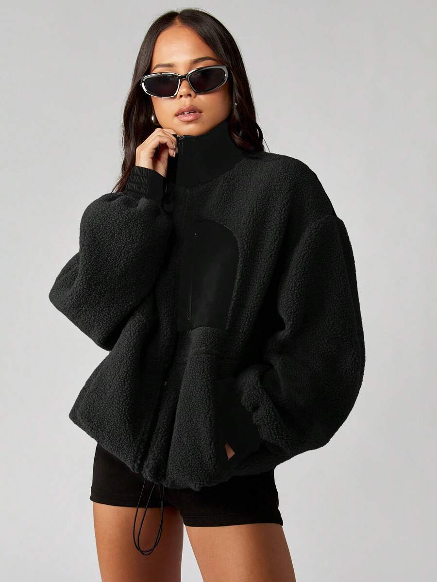 MISSGUIDED Giacca oversize con coulisse in pile Borg, con colletto alto in nylon e chiusura con chiusura lampo, adatta per l'autunno e l'inverno - nero - Visualizzare 1