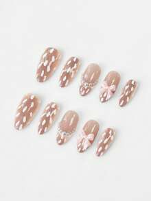 ROMWE Anime 10pcs Cute Bowknot Music Note Star Element High Quality Handmade False Nails + 3pcs Double-Sided Adhesive, Y2K French Style Rhinestone Chain Polka Dot Removable Nail Art Stickers, Suitable For Holidays, Parties, Dancing And Daily Wear - brown and pink - View 2