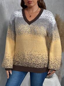 EMERY ROSE Women's Autumn/Winter New Ombre V-Neck Casual Commute Fashionable Knit Long Sleeve Sweater Top - Multicolor - View 3