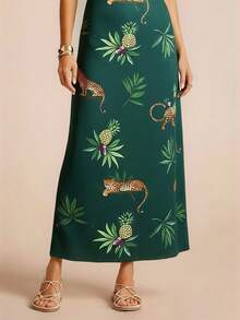 CAJUNI 女士休闲度假热带绿色菠萝豹纹叶印花打结不对称露背中长针织连衣裙，适合约会、派对、音乐节等场合 - 墨綠色 - 查看 3