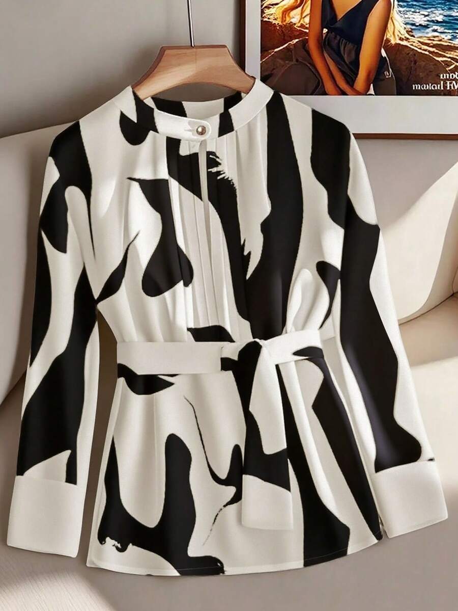 GlowEve 女式圆领印花衬衫（腰带款）