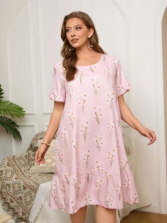 Serenescape Plus Size Floral Print Ruffle Hem Short Sleeve Nightgown, Moo Moo Night Dress