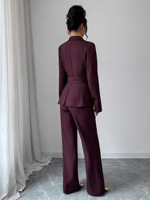 Elenzga Bộ vest 2 món dành cho nữ, có cổ ve, nút cài phía trước, gấu xẻ, túi bên hông, nơ thắt eo, áo khoác blazer tay dài kết hợp với quần ống rộng cạp chun, màu đỏ Angora, phong cách Pháp cổ điển thanh lịch cho công sở/đi làm/công tác/nghỉ dưỡng/thường ngày/đường phố, trang phục dự tiệc/giáng sinh/lễ tạ ơn/trà chiều/năm mới sang trọng, thu/đông - Màu Tím - Xem 2