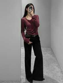 DAZY V-Neck Long Sleeve T-Shirt, Versatile Base Layer Top For Women, Autumn/Winter - Burgundy - View 10
