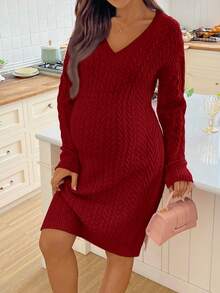 SHEIN Maternity Autumn/Winter V-Neck Long Sleeve Fitted Elegant Knit Dress - Red - View 5