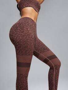 Innovista Women's Leopard Print Criss-Cross Back Sports Bra And Hollow-Out Leggings Fitness Set  Seamless High Support Sports Set, Removable Pads, Adjustable Straps, Leopard Print In Purple-Red & Khaki, Mesh Detailing On Crop Top & Leggings, Back Cross Design, Tummy Control, Quick Dry Activewear For Yoga, HIIT, Gym, Running, Outdoor Exercise, UV Protection, Daily Athleisure, Comfortable & Versatile Performance Gear, Premium Quality Fitness Set Brown Yoga Set Animal Print Workout Leggings - Brown - View 5