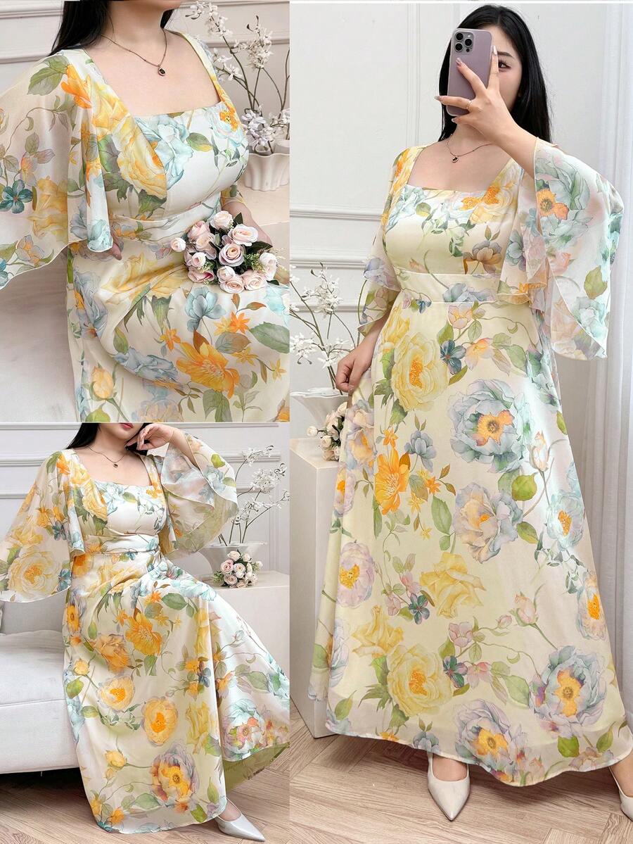 Modelyn Đầm dài in hoa thanh lịch cỡ lớn - Màu xanh lam - Xem 1