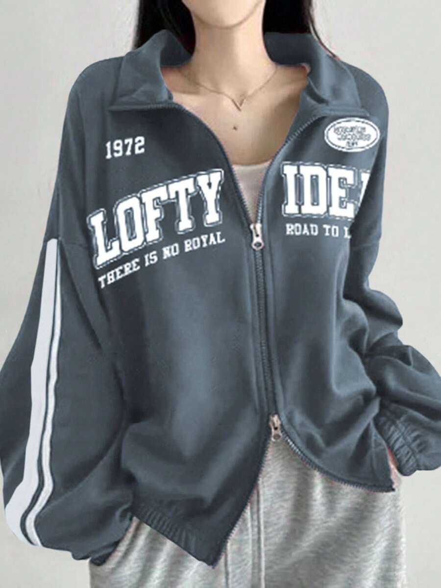 DAZY 女士休闲字母印花宽松卫衣 - 藍色 - 查看 1