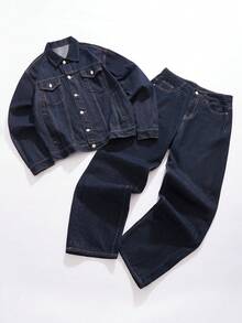 StoneGrade 男士深蓝色牛仔两件套，休闲夹克和宽松长裤，春秋季 - 深色水洗藍 - 查看 8