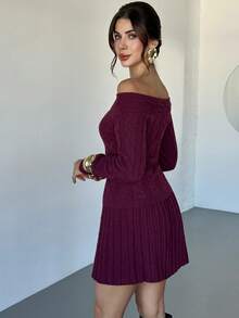 Firerie Women Elegant Burgundy 2pcs/Set Off-The-Shoulder Long Sleeve Front Love Button Closure Dress,Umbrella Skirt Red Knit Set,Autumn Brunch Party Dresses - Red Violet - View 4