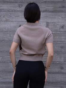 Andrea Bello FASHIONABLE VERSATILE SEQUIN EMBELLISHED SHORT SLEEVE PULLOVER KNIT SWEATER KNIT PULLOVER FALL WINTER - Khaki - View 3