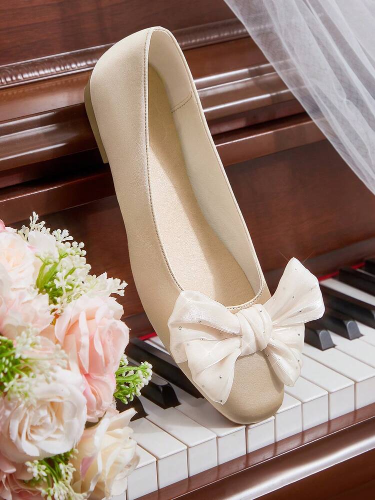 CUCCOO HITCHD Women Rhinestone-Studded Mesh Bowknot Square Toe Flats, Sweet Romantic Dignified Champagne Color Satin Wedding Party Date Shoes