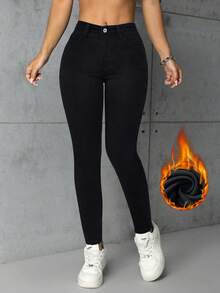 Jeanoix 女士带口袋修身休闲弹力牛仔裤，保暖内衬 - 黑色 - 查看 6