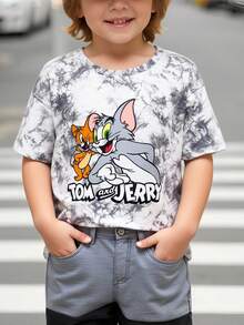 TOM & JERRY X SHEIN Young Boy Cartoon Tie-Dye Knit Loose Crew Neck Drop Shoulder Short Sleeve T-Shirt - Grey - View 1