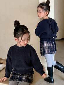 DAZY 女童圆领蝴蝶结装饰毛衣，秋季服装 - 藏蓝色 - 查看 5