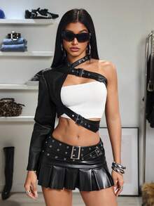 Jeanoix Y2K 时尚涂层不对称肩部上衣