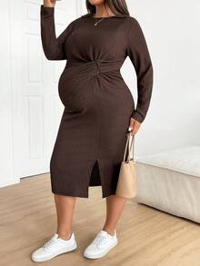 SHEIN 大码孕妇休闲纯色扭结修身连衣裙，秋季