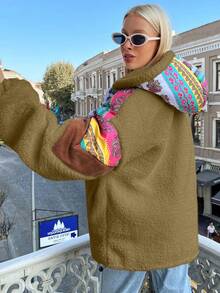 EURMUSE Ladies' Hooded Printed Plush Jacket - Camel - View 2