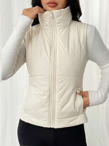 SHEIN EZwear Women's Beige Zip-Up Casual Down Vest Jacket, Winter - Beige - View 4