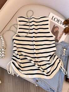 Franclia 女士V领简约褶裥条纹通勤上衣 - 白色 - 查看 2