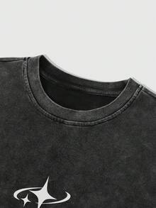 ROMWE MEN 男士圆领星形印花休闲日常通勤上衣 - 黑色 - 查看 3