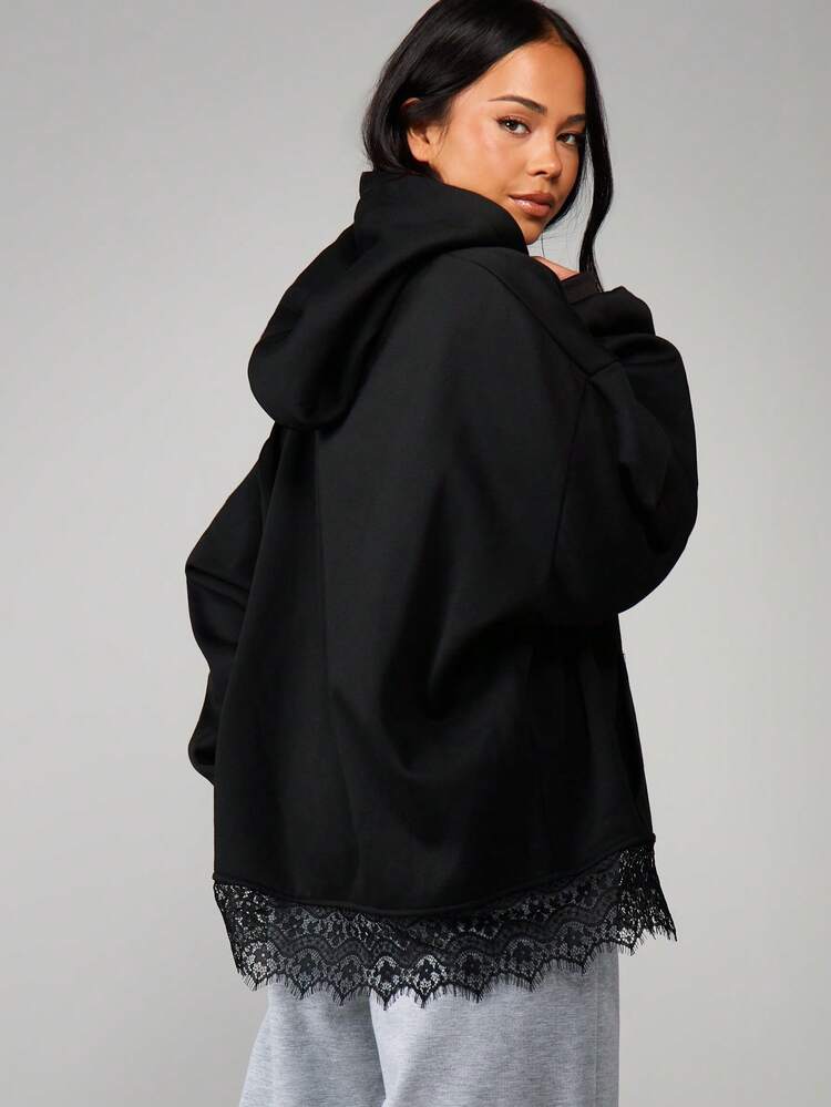 MISSGUIDED Oversized Black Pullover Hoodie With Decorative Lace Hem Trim Long Sleeve Casual Streetwear Sweatshirt Fall Winter