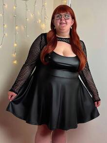 Enliva Abidrinkell Plus Size PU Leather Spliced Mesh Dress, For Winter, For Apple Rounded Body Shape - Black - View 5