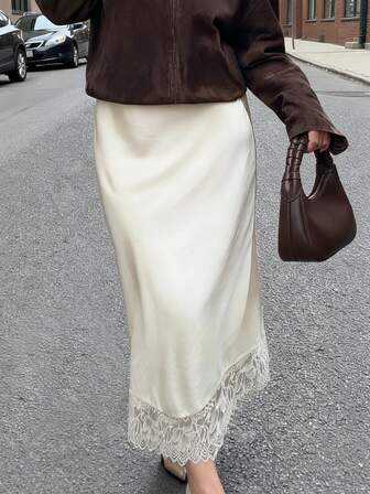 Cévolie 女士弹力腰撞色蕾丝优雅时尚半身裙