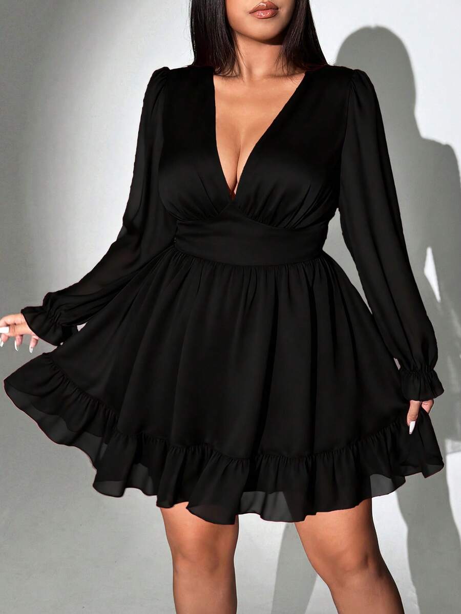 Viva Relle Plus-Size Women's New Year Deep V-Neck A-Line Chiffon Party Dress Fall - Black - View 1