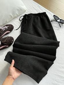 Comfortcana 加大码黑色灯芯绒罗纹抽绳腰宽松直筒裤 - 黑色 - 查看 1