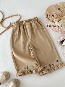 LMoss Kids Baby Girl Floral Embroidered Loose Khaki Denim Pants,Fall Clothes,Winter Clothing ,Casual And Fashionable Vacation Outfits,2000s Style  ,Christmas Clothing ,Winter Denim Bottom, Khaki Bottom,Girl Vintage  Clothing,Girl Vintage  Pants