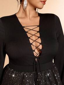 Cravure 大码女士时尚派对性感系带多层连衣裙 - 黑色 - 查看 3