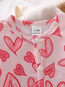 Newborn Baby Pajamas-2 Pieces Pajama Set Footed Sleeper Hearts Print Pink Red Round Neck Long Sleeve Snap Front With Matching Headband One Piece Pajamas Easy Diaper Changes Soft Stretch Year Round Holiday 2026 Must Have Gift - Baby Pink - View 4