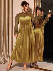 Cravure 大码女士优雅丝绒网纱泡泡袖连衣裙，收腰设计，适合派对穿着 - 金色 - 查看 7