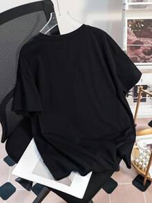 Betty Boop x SHEIN Women's Casual Everyday Commute Fashion Street Cartoon Figure, Heart & Letter Chain Print Loose Fit Black T-Shirt, Summer - Black - View 2