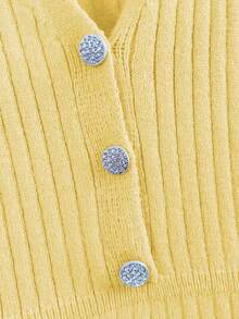 GlowEve Autumn/Winter New Casual Fashionable Exquisite Elegant Luxury Polo Collar Long Sleeve Ribbed Rhinestone Button Knitted Dress - Light Yellow - View 4