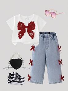 SHEIN Playful Pals 女婴休闲可爱粉色蝴蝶结印花短袖上衣搭配荷叶边蝴蝶结装饰牛仔裤，夏季韩版风格 - 白色 - 查看 4