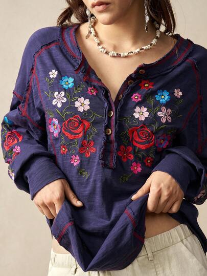 Bohemela Camiseta de manga larga holgada con media cremallera y parches de punto informal para mujer