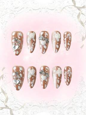 Anime 10pcs Cute Bowknot Music Note Star Element High Quality Handmade False Nails + 3pcs Double-Sided Adhesive, Y2K French Style Rhinestone Chain Polka Dot Removable Nail Art Stickers, Suitable For Holidays, Parties, Dancing And Daily Wear