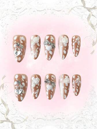 Anime 10 Stück süße Schleifen-Musik-Noten-Stern-Elemente hochwertige handgefertigte Kunstnägel + 3 Stück doppelseitiger Kleber, Y2K französischer Stil Strass-Kette Polka-Punkt abnehmbare Nail-Art-Aufkleber, geeignet für Feiertage, Partys, Tanzen und den täglichen Gebrauch